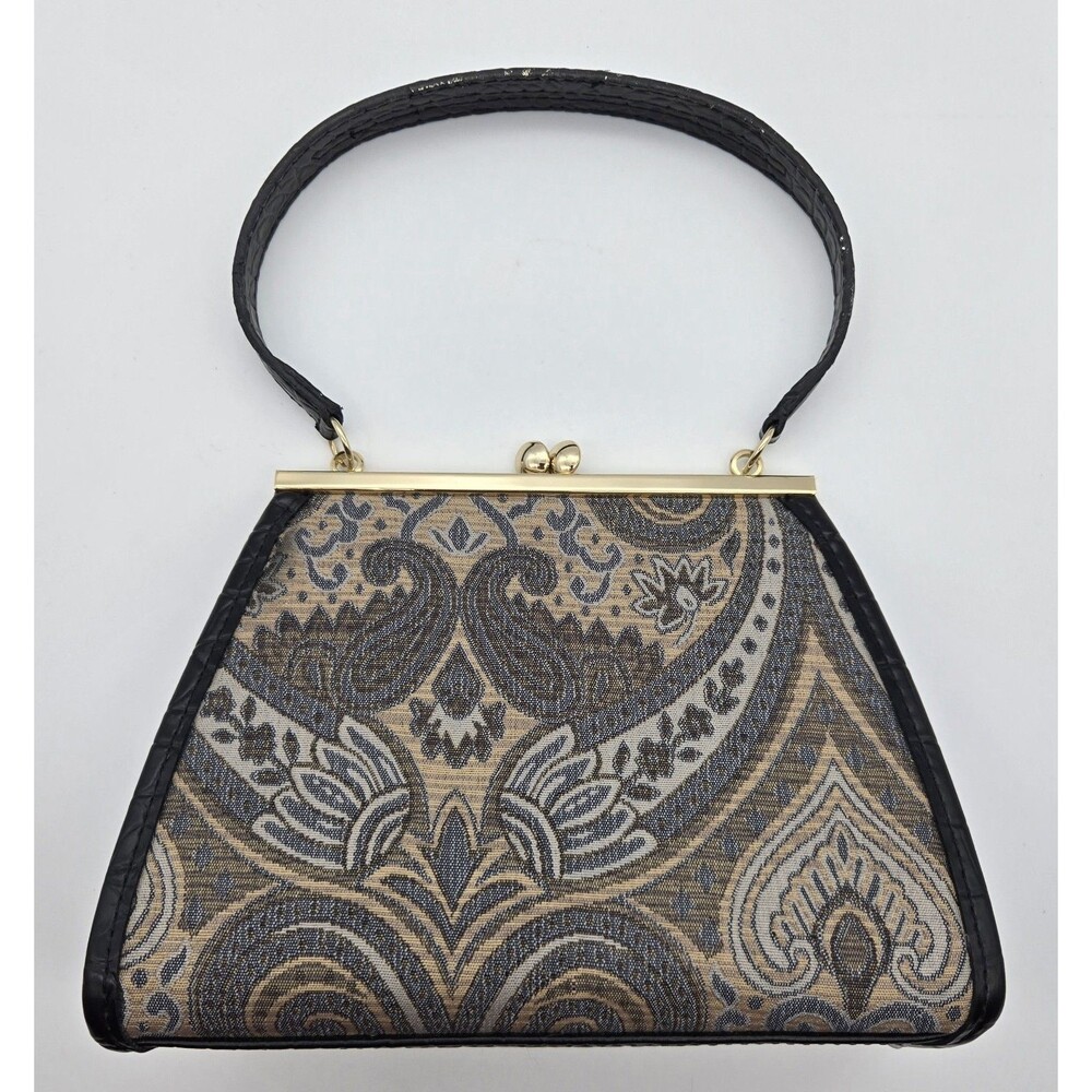 Liz Claiborne‎ Paisley Jacquard 8x6 Black Beige Kiss Lock Frame Mini Handbag